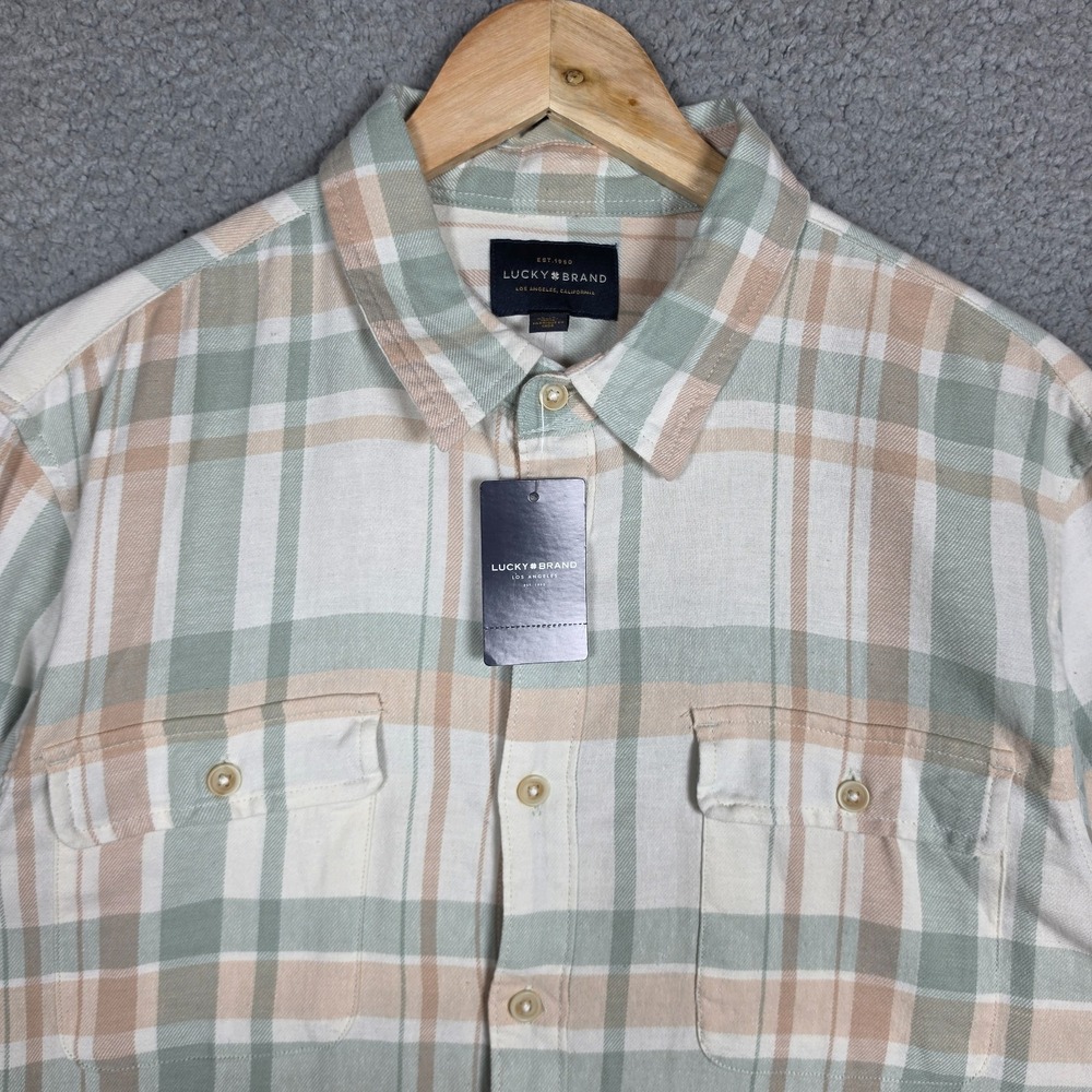 Lucky Brand Shirt Mens Sz Large Beige Pastel Plaid Soft Flannel Button Down NEW